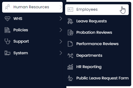 A screenshot that depicts the Employee menu location. The screenshot is annotated with two red boxes to show that the user must click on &quot;Human Resources&quot; and then &quot;Employees&quot;
